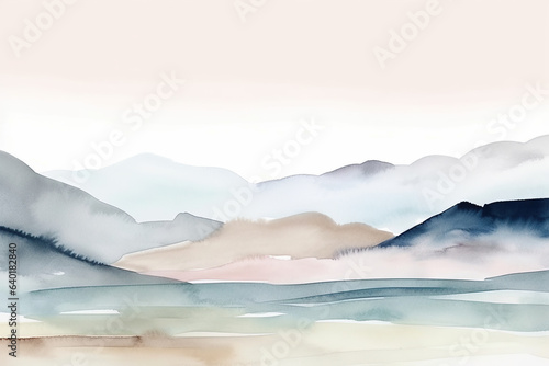 This abstract watercolor od mountains painting captures the beauty of nature with a majestic mountain range set against a peaceful body of water, swirling clouds, and a foggy sky