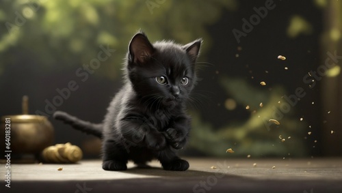 A black cat with big cute eyes is doing a martial