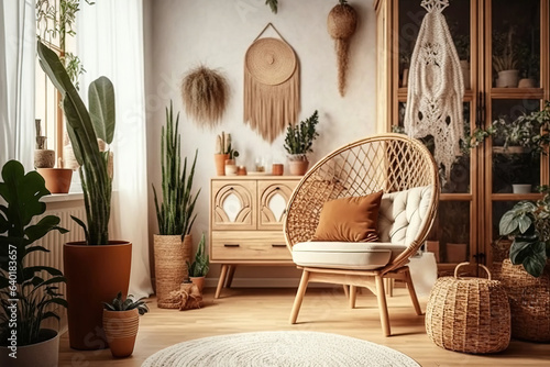 Living room with bohemian interior, illustration generative AI