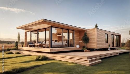 A wooden house with flat roof