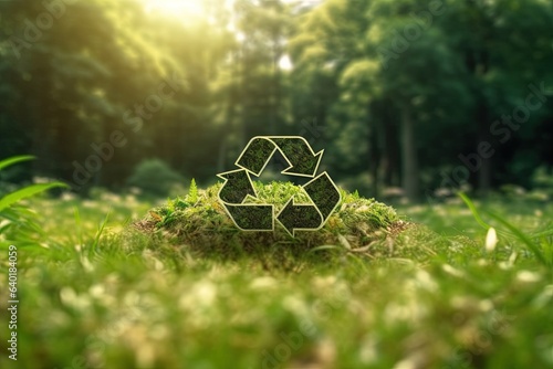  Recycling symbol over the green forest background. Generative Ai