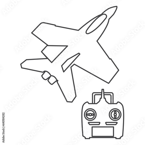 Vector Illustration of  RC plane and radio remote control and kids hands. Aeromodelling icon, remote pilot for jet aircraft radio control. Jet engine radio controlled on white background, 
