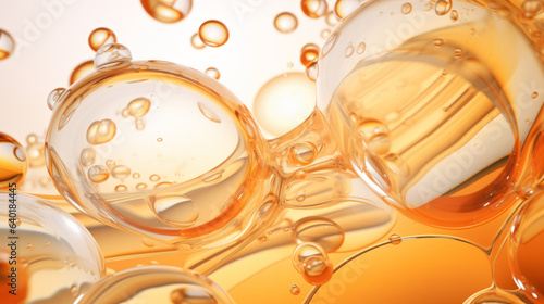 Oil bubbles background, bubbling drops of gold liquid. Oil bubbles in abstract natural transparent liquid fluid splash. Generative AI.