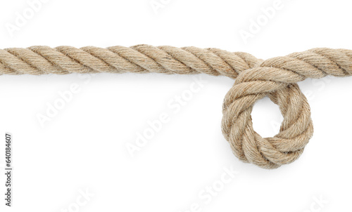 Hemp rope with loop isolated on white, top view