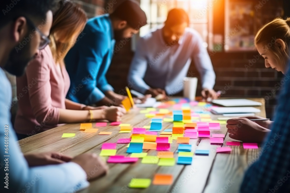 Innovative Caucasian Guy Engaging Team with Colorful Notes on Table Innovative Caucasian Guy Engaging Team with Colorful Notes on Table