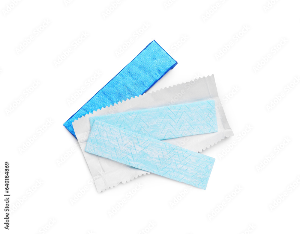 Sticks of tasty chewing gum isolated on white, top view Sticks of tasty chewing gum isolated on white, top view