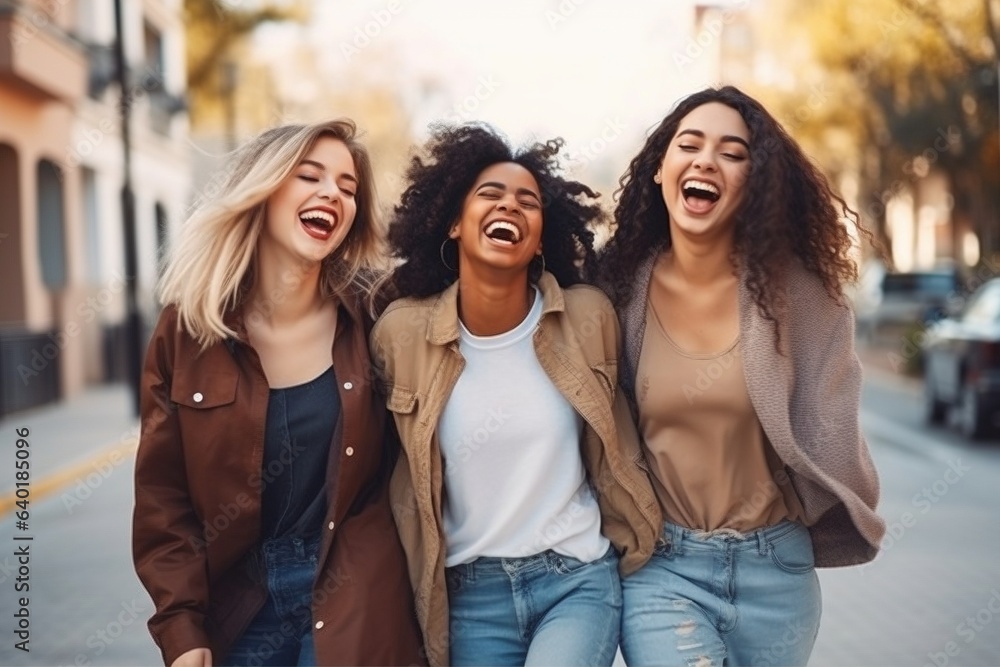 three young woman enjoying time with friends with street background three young woman enjoying time with friends with street background