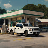 A pickup truck in gas station and convenience store at street corner near Sam Houston Highway.