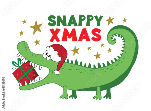 Snappy Christmas - funny greeting with alligator in Santa hat. Christmas present and stars. Good for greeting card, baby clothes, poster, label, and other decoration.
