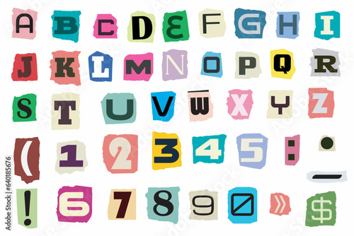 Paper Cut outs ransom note letters alphabet. Cut Ransom Blackmail Collage Kidnapper Criminal Anonymous Notes Font y2k style. Ransom Letters, Numbers, punctuation marks from newspaper or magazine