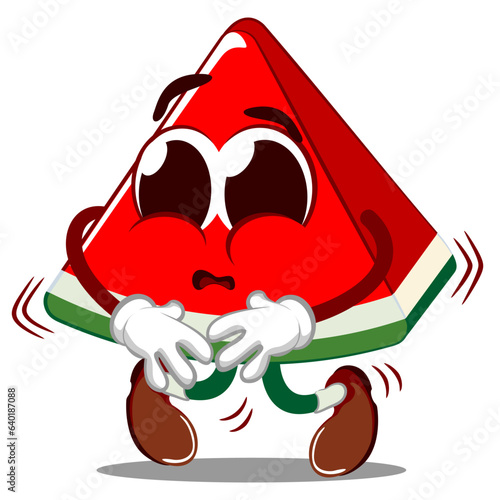 Vector mascot, cartoon and illustration of a cut watermelon cute when it's dying for it