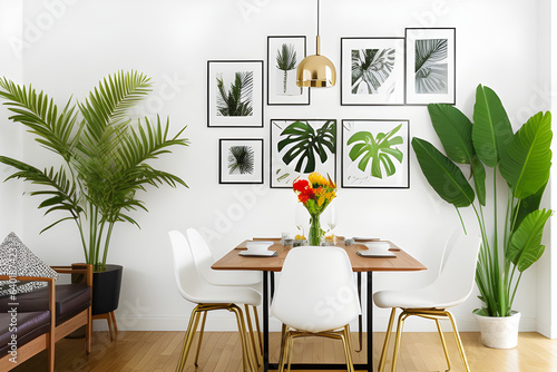 Stylish and eclectic dining room interior with blank photo frames, sharing table design chairs, golden pedant lamp and elegant sofa in second room. White walls, wooden parquet. 3d illustration.