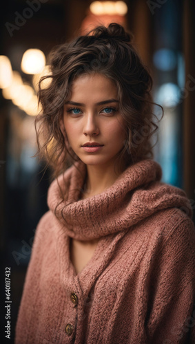 A young woman with blue eyes and a knit sweater standing in a dark hallway with lights in the distance © Hamza