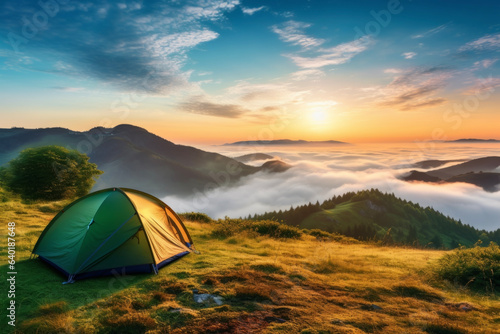 A fantastic view of the sunrise and the sea of clouds from the tent set up on the top of the mountain. Lifestyle concept for holidays and vacations.