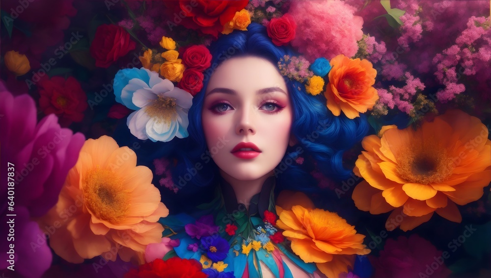 A beautiful woman is surrounded by colored flowers and in the style of fashion illustration.