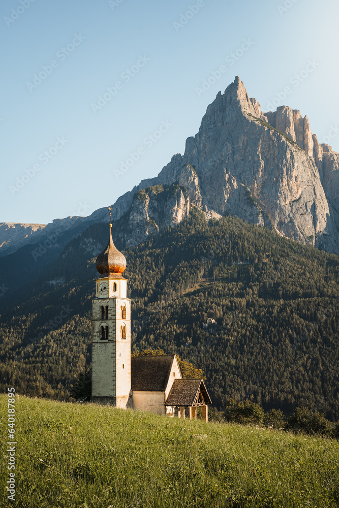 Seis am Schlern, St. Valentin Church in Dolomites, Trentino Alto Adige Italy
