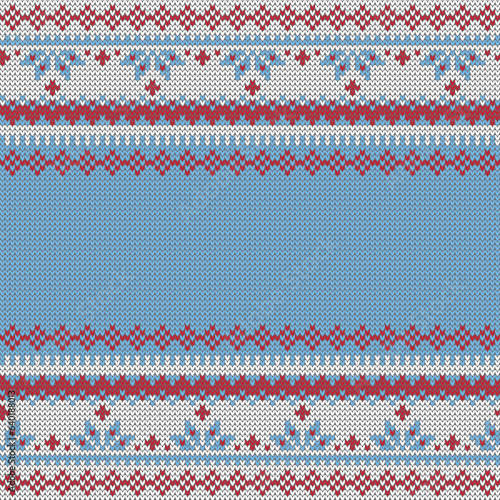 Winter knit texture pattern.Seamless vector illustration for Christmas, New Year, winter design. Xmas ugly sweater ornament. Fair isle pattern in blue, white and red