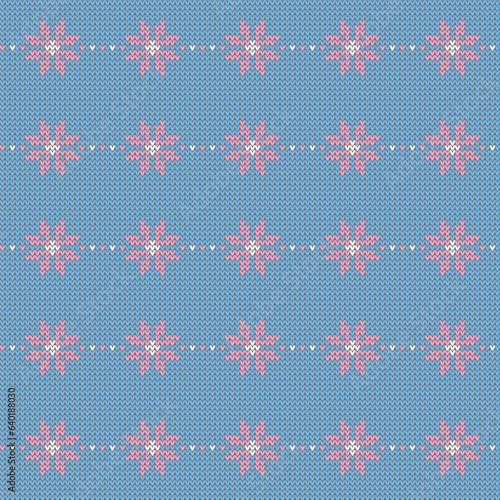 Winter knit texture pattern.Seamless vector illustration for Christmas, New Year, winter design. Xmas ugly sweater ornament. Fair isle pattern in blue, white and pink.