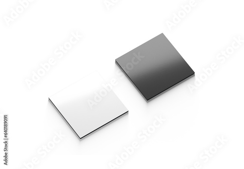Blank black and white square fridge magnet mockup, side view