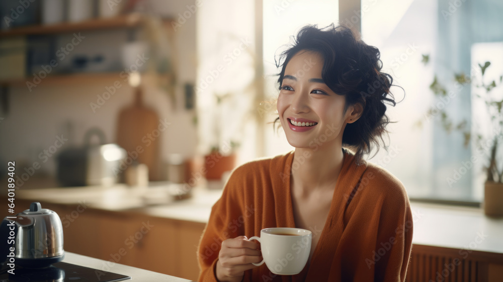 Beautiful woman smiling with a cup of coffee in the kitchen of her home Beautiful woman smiling with a cup of coffee in the kitchen of her home