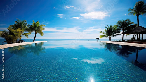 A luxurious infinity pool at a tropical resort on a sunny day.