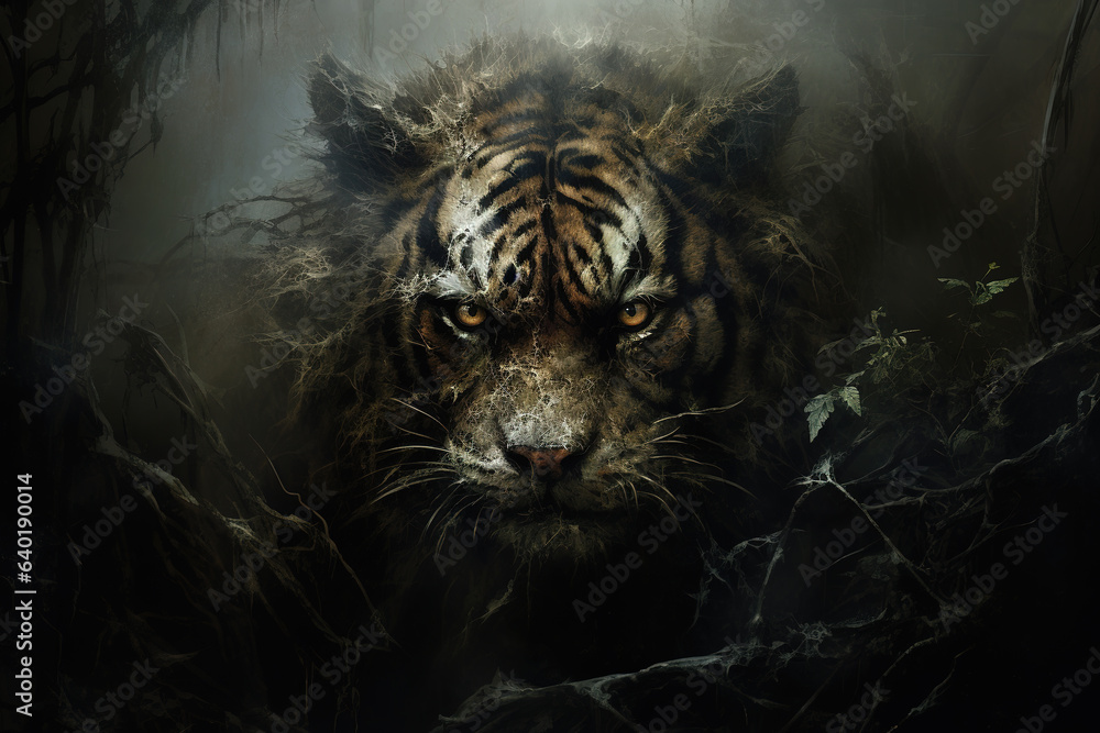 Image of a tiger in the forest with a scary atmosphere, Wildlife Animals., Generative AI, Illustration.