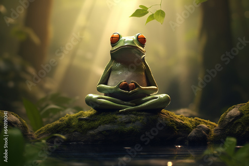 Fototapeta Green frog sits in meditation to calm his mind in the forest