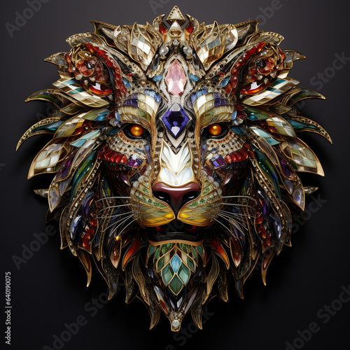 A lion head made of beautiful gemstones. Wildlife Animals. Decorations. Illustration, Generative AI.