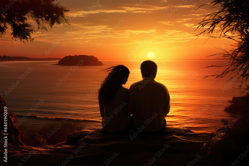 Couple sitting watching the sunset on background Couple sitting watching the sunset on background