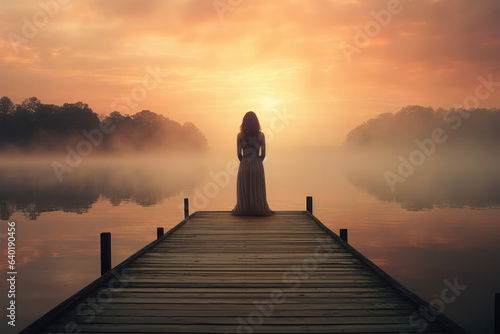 Lonely woman on pier at sunset on background