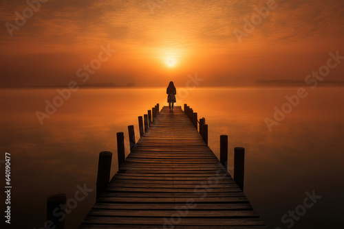 Lonely woman on pier at sunset on background