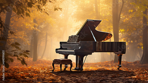Piano in autumn park morning landscape