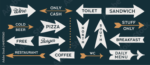 Arrow set icons. Collection vintage sign, symbols and graphic elements, white on black. Flat arrow set for decorative design. Hand-drawn graphics, drawing sign. Simple arrows. Vector Illustration
