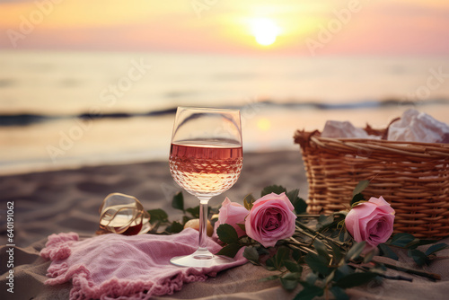 romantic picnic at sea beach with a pink glass of wine on background
