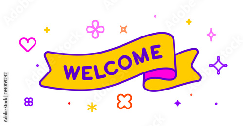 Ribbon and banner Welcome. Greeting card with ribbon and word Welcome. Trendy barbie style barbiecore ribbon banner for card with text welcome on colorful yellow background. Vector Illustration