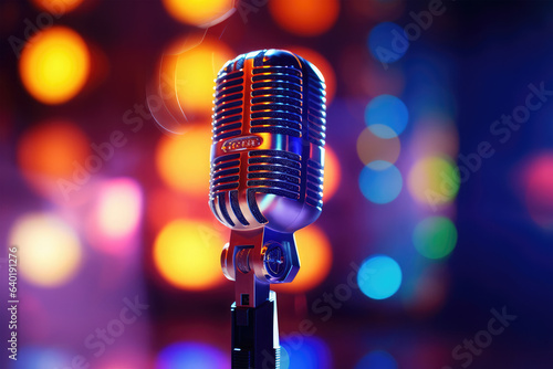 Studio microphone in neon lights on background
