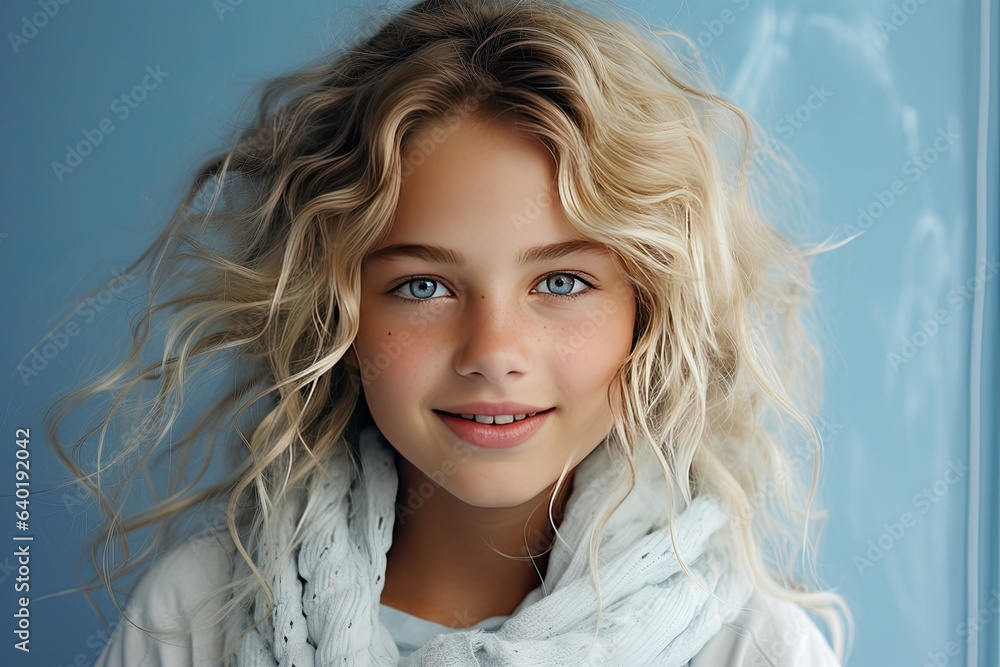 Portrait of cute little blonde toddler happy girl child over blue background. Looking at camera and smiling. Advertising childrens products. Portrait of cute little blonde toddler happy girl child over blue background. Looking at camera and smiling. Advertising childrens products.