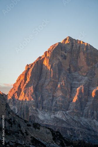 Sunset photo of mountain Nuvolau Averau, Passo Giau in Dolomites, Italy