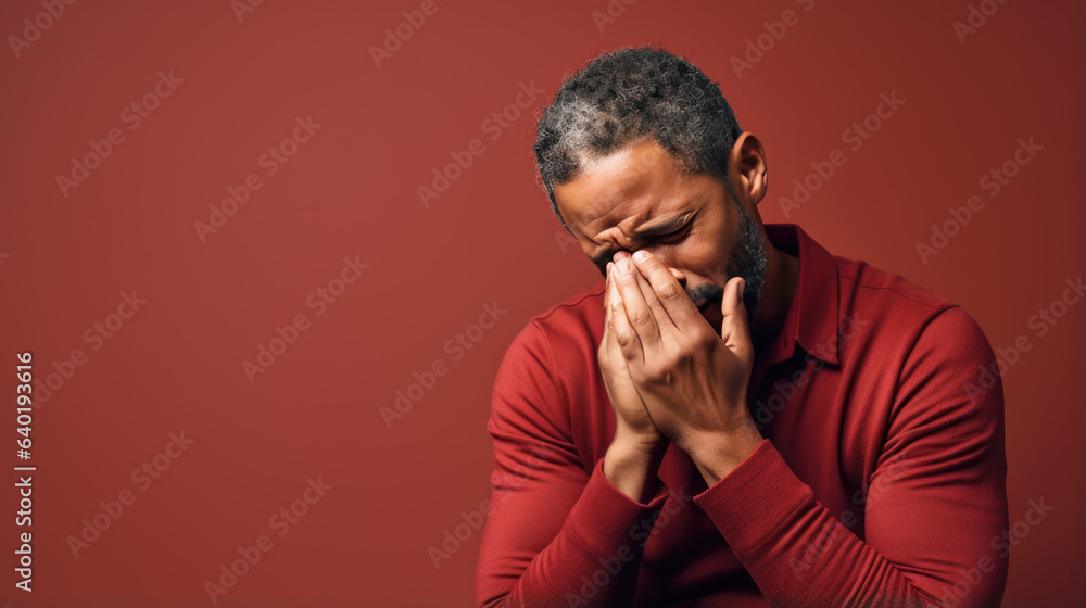 Depressed man with headache touch his head with his hands on red background Depressed man with headache touch his head with his hands on red background