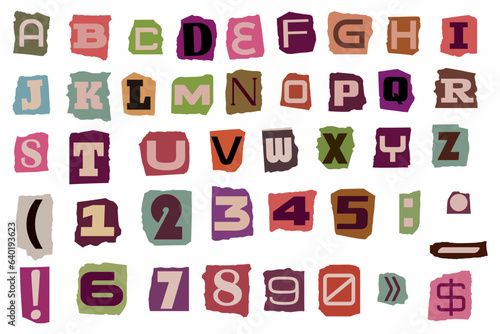 Retro Paper Cut out ransom notes font letters alphabet. Cut Ransom Blackmail Collage Kidnapper Criminal Anonymous vintage style. Ransom Letters, Numbers, punctuation marks from newspaper or magazine