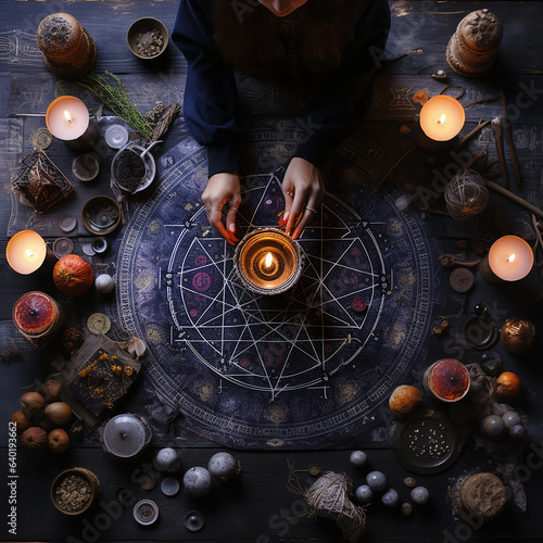 mystical ritual with candles and magic stones, top view