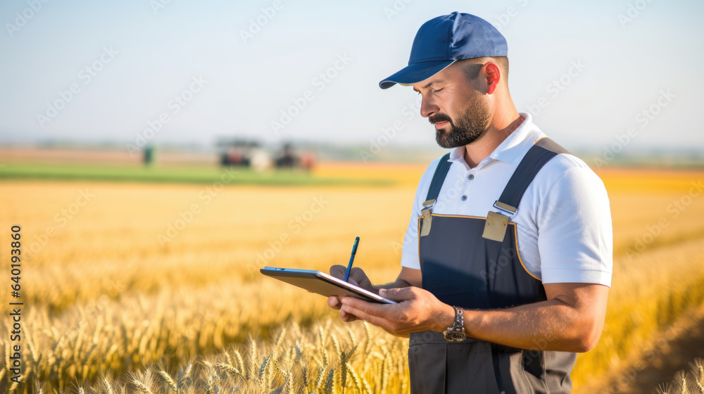 Man farmer in hat walking the field of wheat and using tablet computer. Agricultural concept. Man farmer in hat walking the field of wheat and using tablet computer. Agricultural concept.