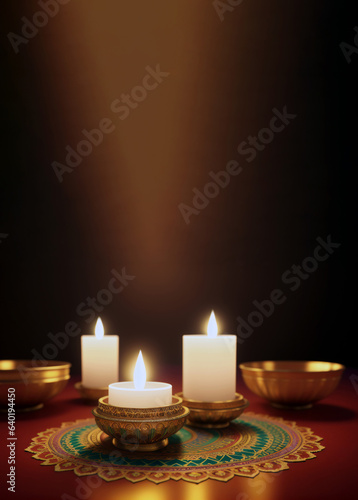 Vertical poster with Traditional diya lamps lit on the table with mandala rangoli for Diwali celebration. Glowing candles closeup with blank space for text for Hindu festival of lights