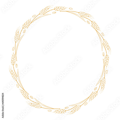 Round frame made of golden outline wheat or rye ears. Vector autumn wreath, border hand drawn in Doodle style, isolated on white background