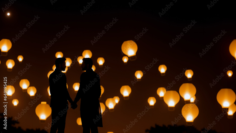 Silhouette of young couple of two men holding hands and flying handmade ...