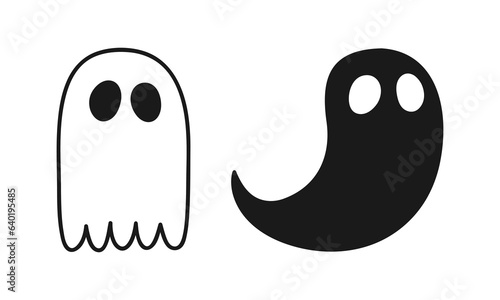 Hand drawn cute cartoon illustration of two little ghosts. Flat vector Halloween and Thanksgiving sticker. Apparition character icon in doodle style. Scary mascot with bedsheet. Isolated.
