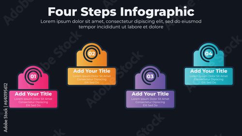 Business infographic steps or options with dark theme
