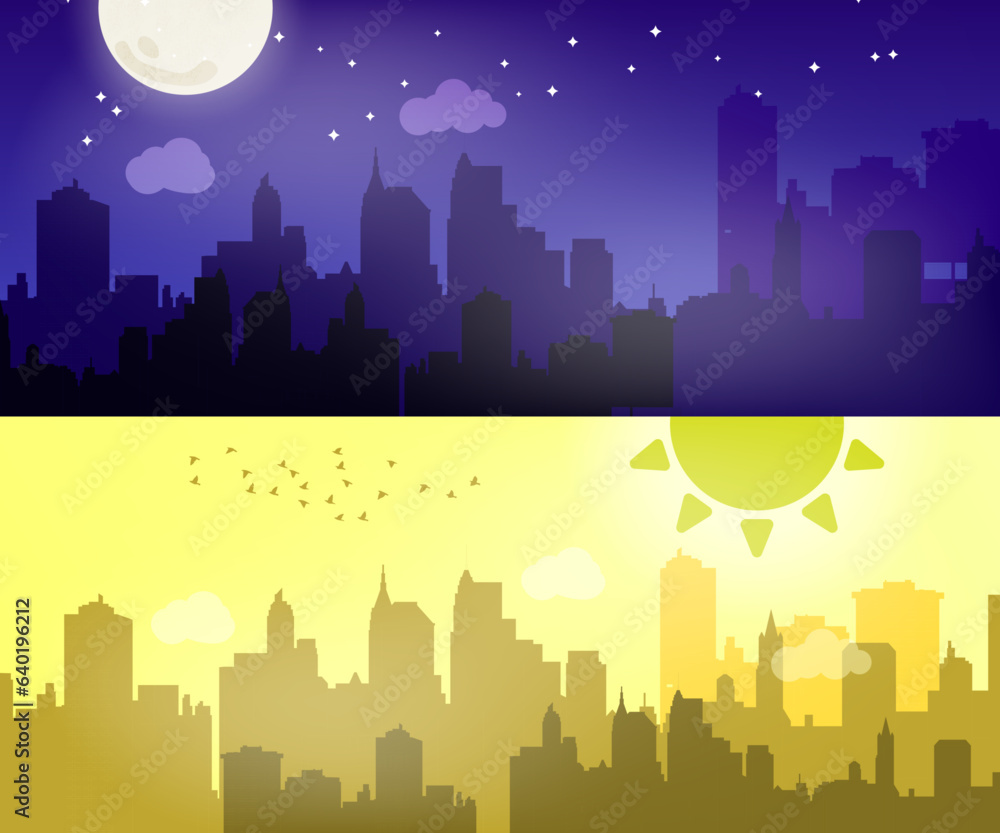 Simple Night and Day Cityscape Background Banners Theme. A city during the day and night. Flying birds in the sky. Vector Illustration. 
