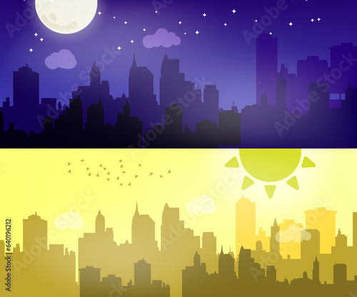 Simple Night and Day Cityscape Background Banners Theme. A city during the day and night. Flying birds in the sky. Vector Illustration. 