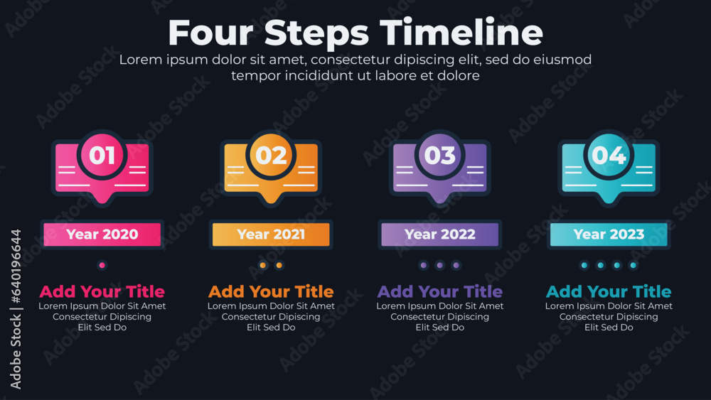 Flowchart infographic with 4 steps or options business template for presentation in dark theme - obrazy, fototapety, plakaty 